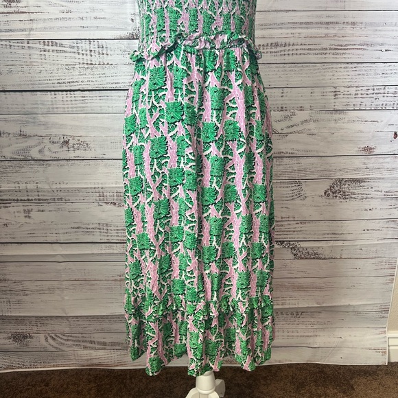 MELLODAY - WOMEN’S SLEEVELESS MAXI DRESS GREEN AND PINK SIZE L TROPICAL - Picture 2 of 10
